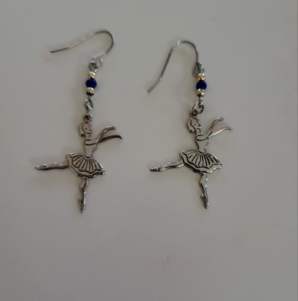 3/$15 Vintage Ballerina Drop Fishhook Earrings Gold-tone Metal with Blue Beads - Picture 1 of 3